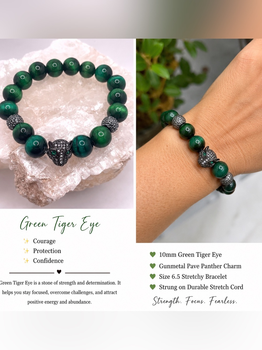 Handmade 10mm Green Tiger Eye Bracelet Panther Charm Gunmetal Stretch 6.5”